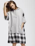 Romwe Check Plaid Panel Raw Edge Marled Hooded Dress