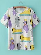 Romwe White Short Sleeve Cartoon Dog Print T-shirt