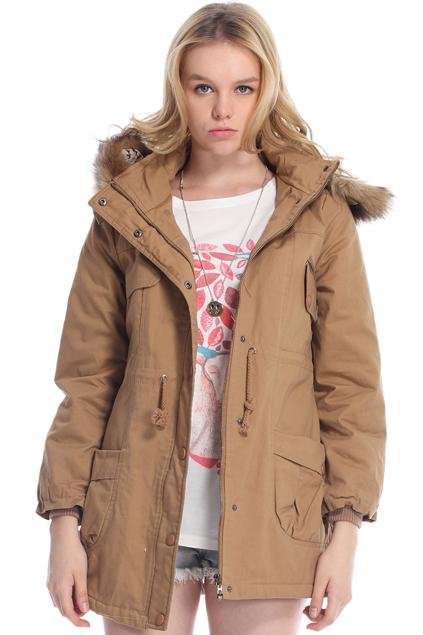 Romwe Khaki Detachable Fur Trimmed Hood Lined Parka