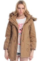 Romwe Khaki Detachable Fur Trimmed Hood Lined Parka
