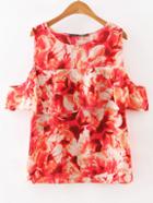 Romwe Red Cold Shoulder Floral Ruffle Blouse