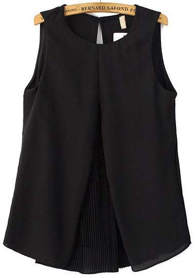 Romwe Black Round Neck Pleated Loose Tank Top