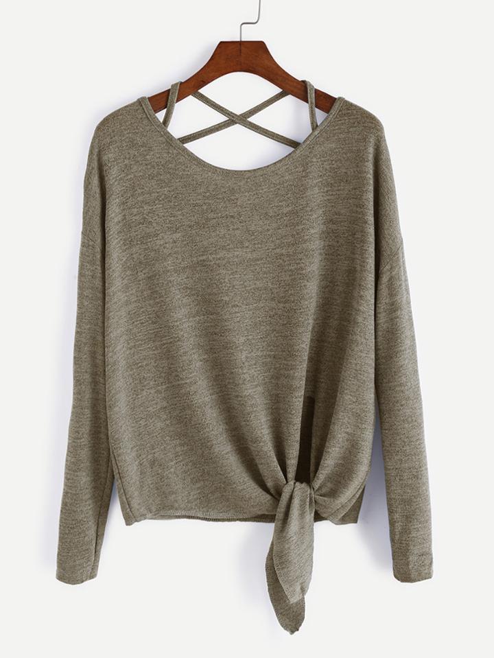 Romwe Khaki Drop Shoulder Criss Cross Tie Front T-shirt