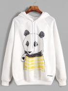 Romwe White Panda Print Raglan Sleeve Drawstring Hooded Sweatshirt