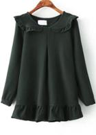 Romwe Doll Collar Long Sleeve Peplum Hem Black Dress