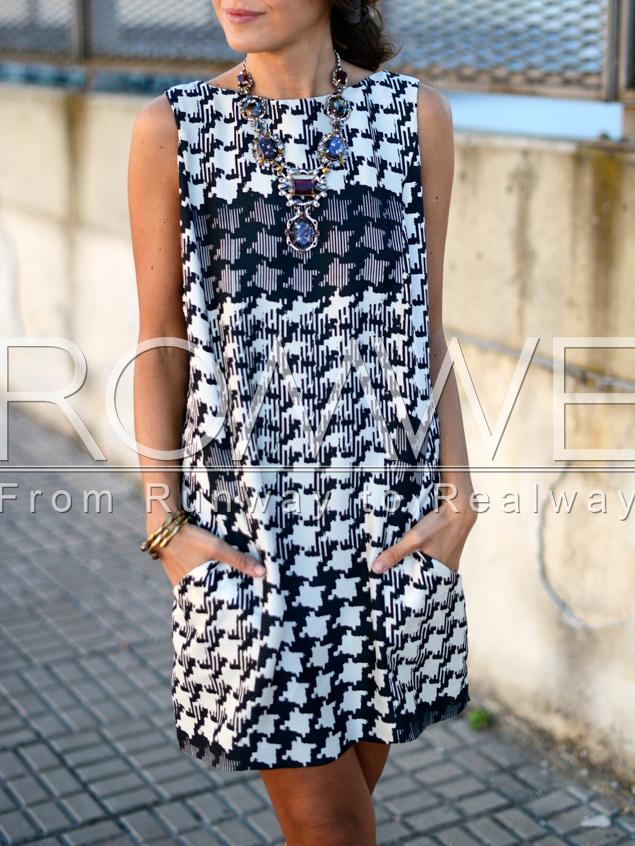 Romwe Black White Houndstooth Pockets Shift Dress