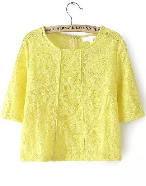Romwe With Zipper Lace Embroidered Yellow Top