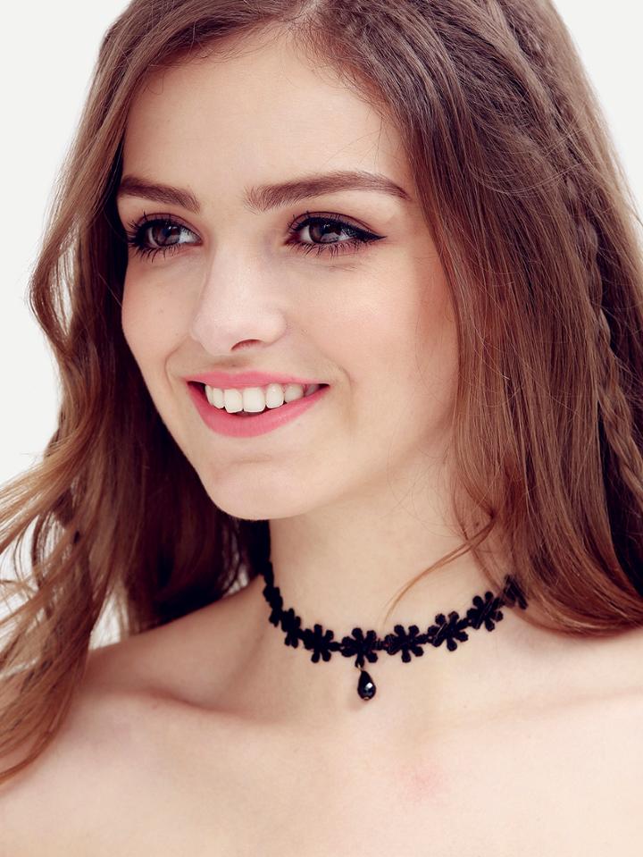 Romwe Black Waterdrop Pendant Lace Choker