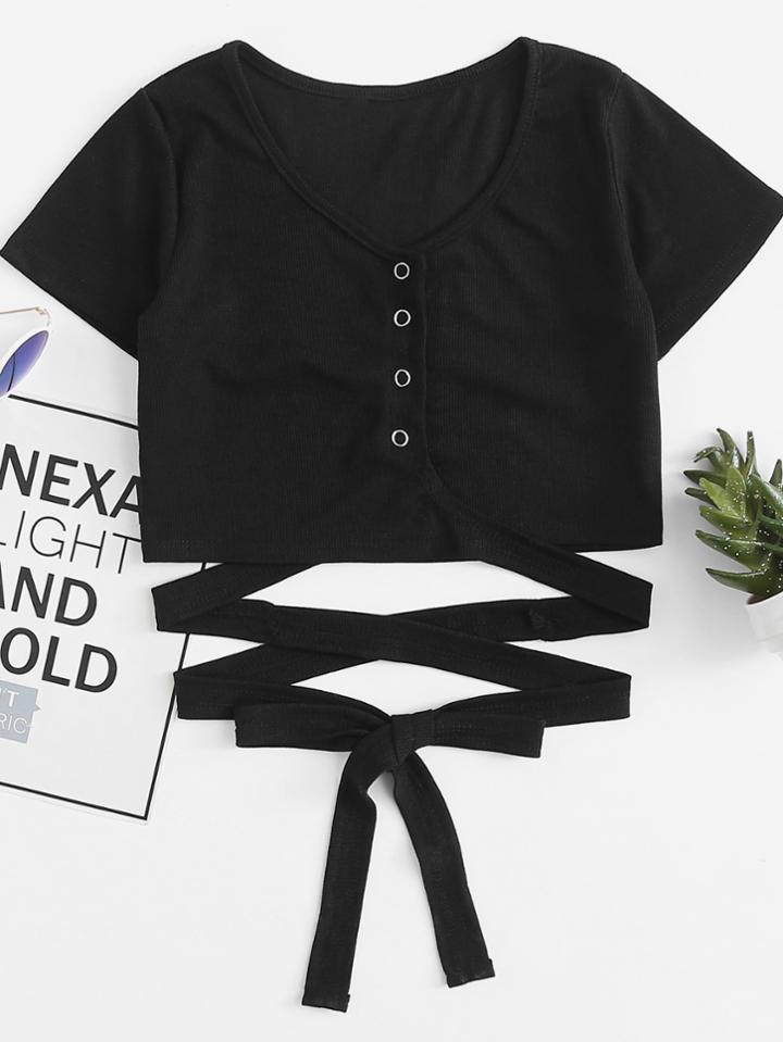 Romwe Single Breasted Cut Out Hem Tee