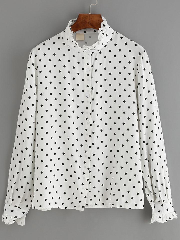 Romwe Fuffle Collar Polka Dot Blouse