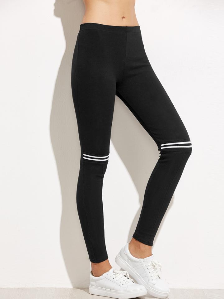 Romwe Black Striped Trim Leggings