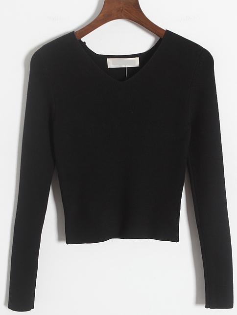 Romwe V Neck Black Sweater