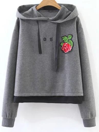 Romwe Grey Flower Patch Contrast Hem Hooded Sweatshirt