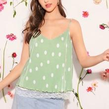 Romwe Lace Insert Lettuce Trim Polka Dot Cami Top