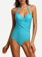 Romwe Halter Cross Wrap One-piece Swimwear - Blue