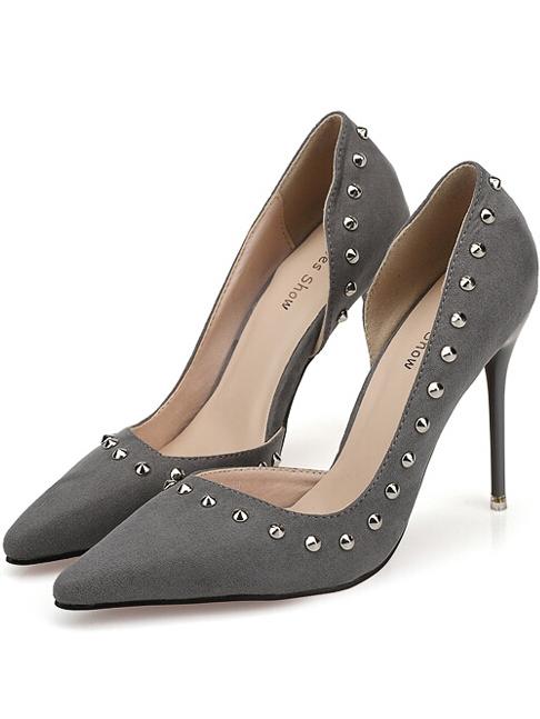 Romwe Grey Point Toe Rivet Cutout High Heeled Pumps