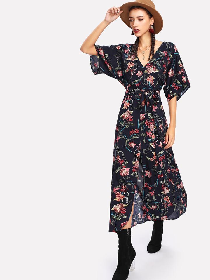 Romwe Self Belted Dolman Sleeve Dress