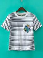 Romwe White Striped Patch Embroidery Pocket T-shirt
