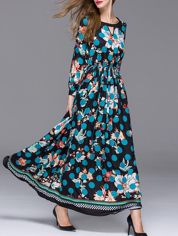 Romwe Black Round Neck Long Sleeve Polka Dot Print Dress