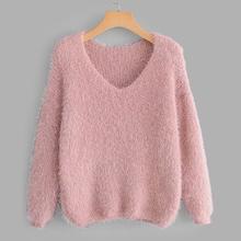 Romwe V-neck Solid Fuzzy Jumper