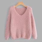 Romwe V-neck Solid Fuzzy Jumper