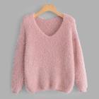 Romwe V-neck Solid Fuzzy Jumper