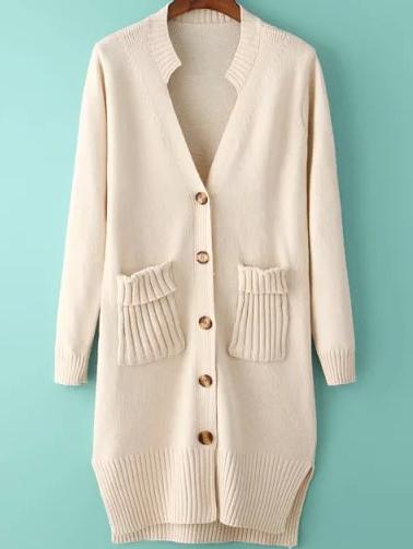 Romwe With Pockets Split Beige Cardigan