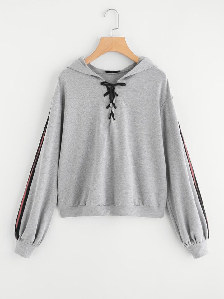Romwe Striped Tape Sleeve Lace Up Heathered Hoodie