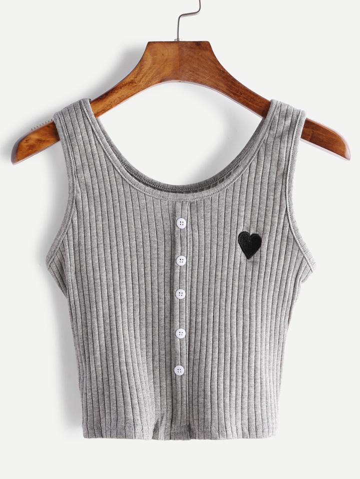 Romwe Grey Button Front Heart Embroidered Tank Top