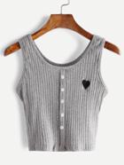 Romwe Grey Button Front Heart Embroidered Tank Top