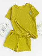 Romwe Cactus Embroidered Tee And Shorts Set