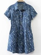 Romwe Blue Tie Waist Buttons Front Pockets Stars Print Dress