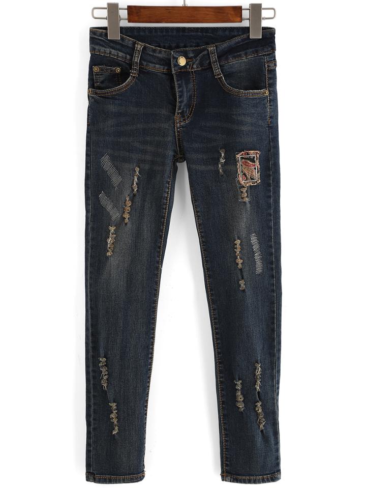 Romwe Ripped Patch Denim Women Pant