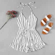 Romwe Drawstring Waist Striped Romper