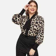 Romwe Plus Cheetah Print Tie-neck Blouse