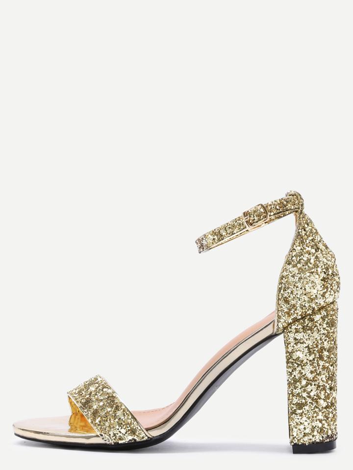 Romwe Glittery Gold Sequin Open Toe Mary Jane Ankle Strap Sandals