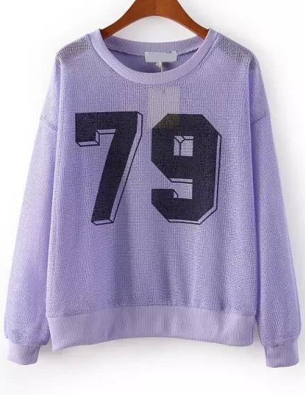 Romwe Purple Long Sleeve 79 Print Hollow Sweatshirt