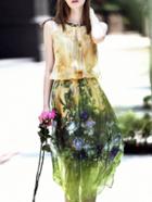 Romwe Multicolor Elastic-waist Rose Print Shift Dress