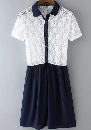 Romwe Lapel Lace Insert Pleated Dress