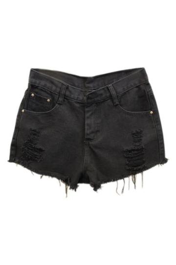 Romwe Romwe Shredded Black Denim Shorts
