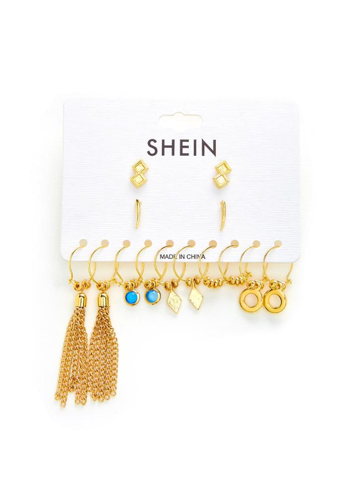 Romwe Chain Tassel Multi Shaped Earring Set