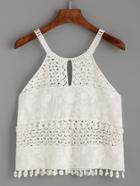 Romwe White Crochet Insert Embroidered Halter Neck Top