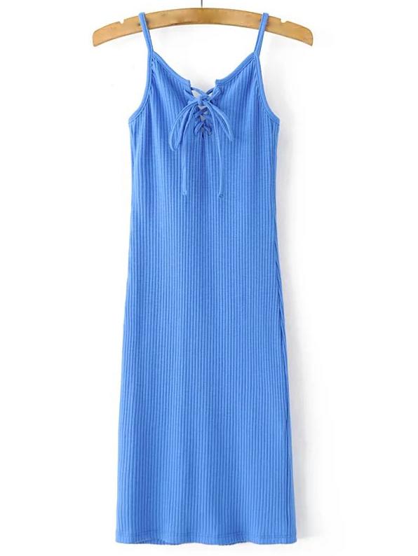 Romwe Royal Blue Spaghetti Strap Lace Up Dress