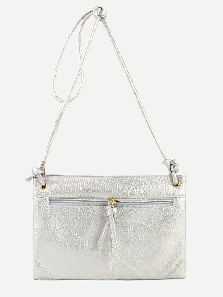 Romwe Silver Zip Front Pebbled Clutch Bag With Strap