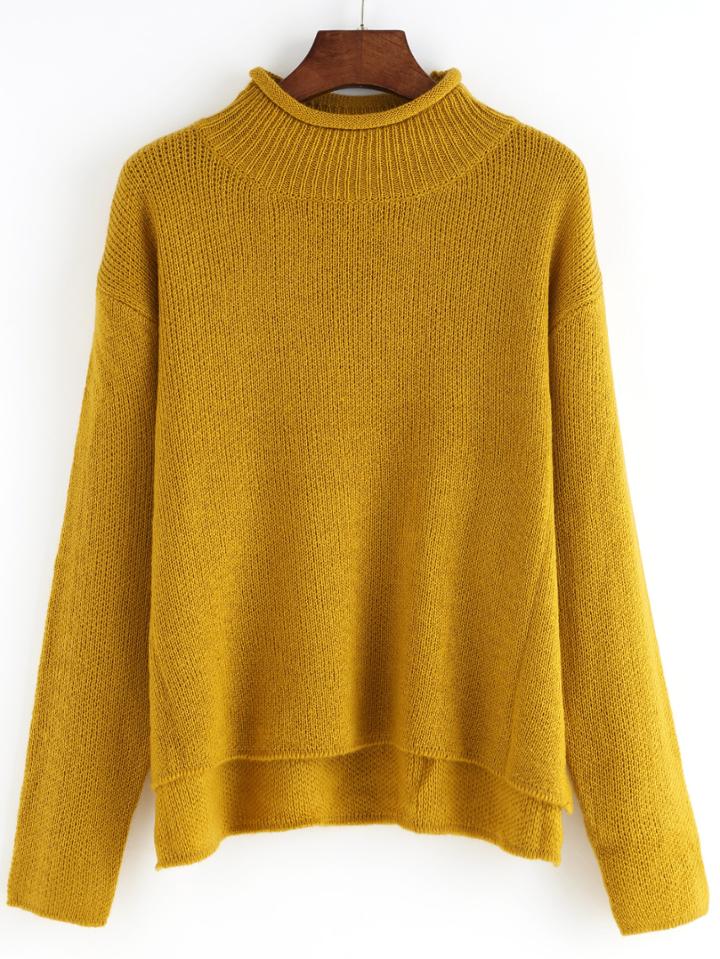 Romwe High Neck Dip Hem Sweater
