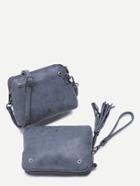 Romwe Navy Pu Tassel Trim Docking Button 2pcs Bag Set