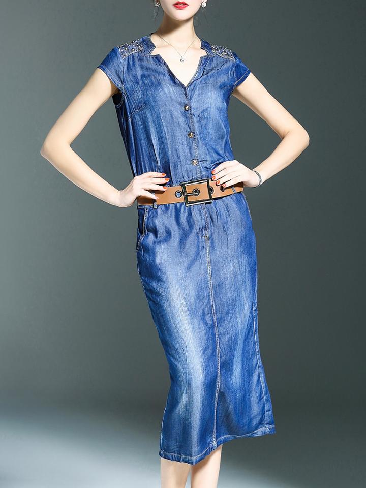 Romwe Blue V Neck Belted Denim Shift Split Dress