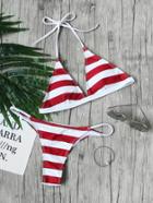 Romwe Red White Striped Halter Neck Triangle Bikini Set