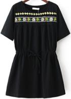 Romwe Drawstring Embroidered Loose Black Dress