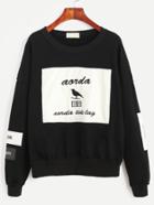 Romwe Black Contrast Drop Shoulder Embroidered Sweatshirt